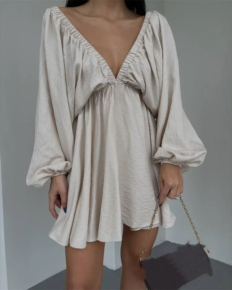 Fashion Front Back Pleated Deep V Neck Backless Dresses Women New Solid Color Bubble Sleeve Big Hem Dressy Female Commuter Gown