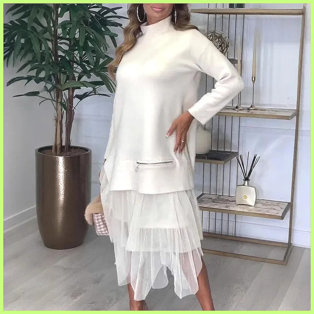 Abito in Felpa con Inserti in Pizzo per Donna, Manica Lunga, Elegante Vestito da Festa per Autunno e Inverno