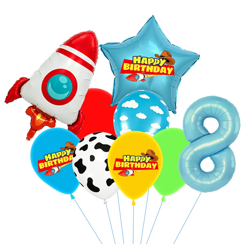 Rote, gelbe und grüne Spielzeugballons, hellblaue Ballons mit Wolken- und Kuhmuster für die Dekorationen zu Babystory- und Cowboy-Partys – Detail 27