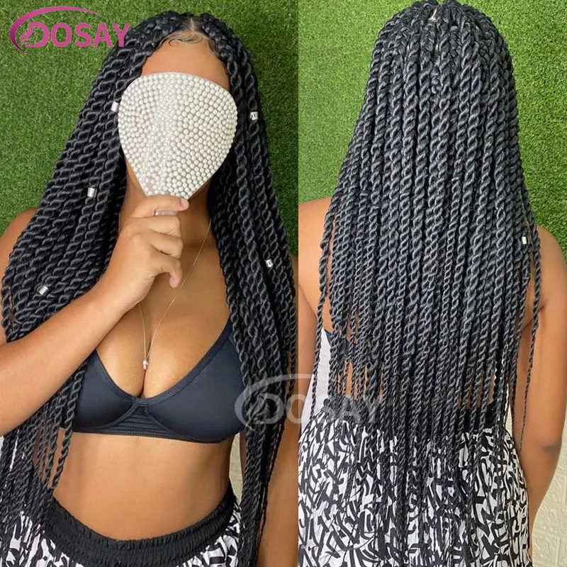 Wig renda penuh Wig putar renda sintetis Wig depan 36 inci Wig kepang kotak tanpa simpul persegi dengan rambut bayi Wig kepang Senegal