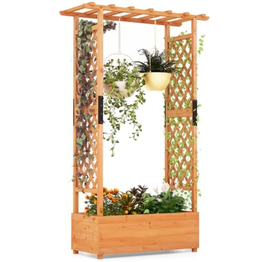 72-Inch Raised Garden Bed with Arch Trellis, Hanging Roof and Drainage Holes, Vertical Plant Container for Vine Climbing Plant