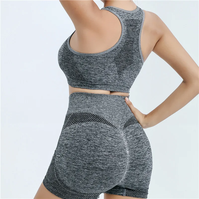 Yoga Set Bra+Shorts 2-Piece Set High Waist Tight Fitness Women's Shorts Sports Gathering Tank Top for Quick Drying