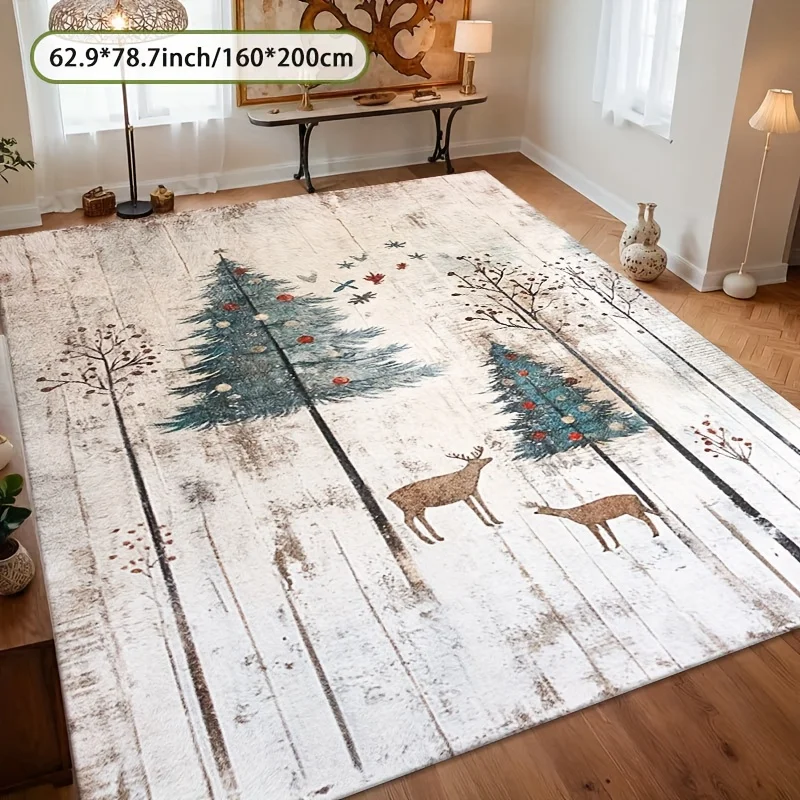 1pc Rustic Forest Christmas Themed Rug, Home Decor Mat for Living Room & Bedroom, Suitable for Christmas & Halloween