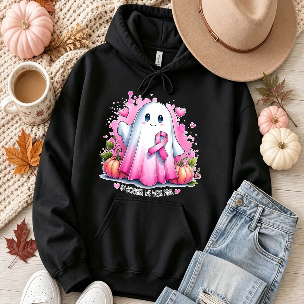 Cute Ghost Pink Ribbon Pumpkin Breast Cancer Awareness Hooded Sweatshirt Halloween Fall Long Sleeve Casual Pullover Support Gift