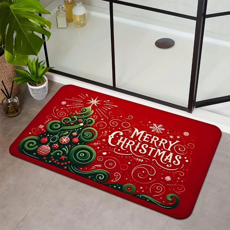 Christmas Doormat Mats Medium Pile Made Red with Tree Design for Entrance Kitchen Living Room Bedroom Laundry Holiday Floor Mat