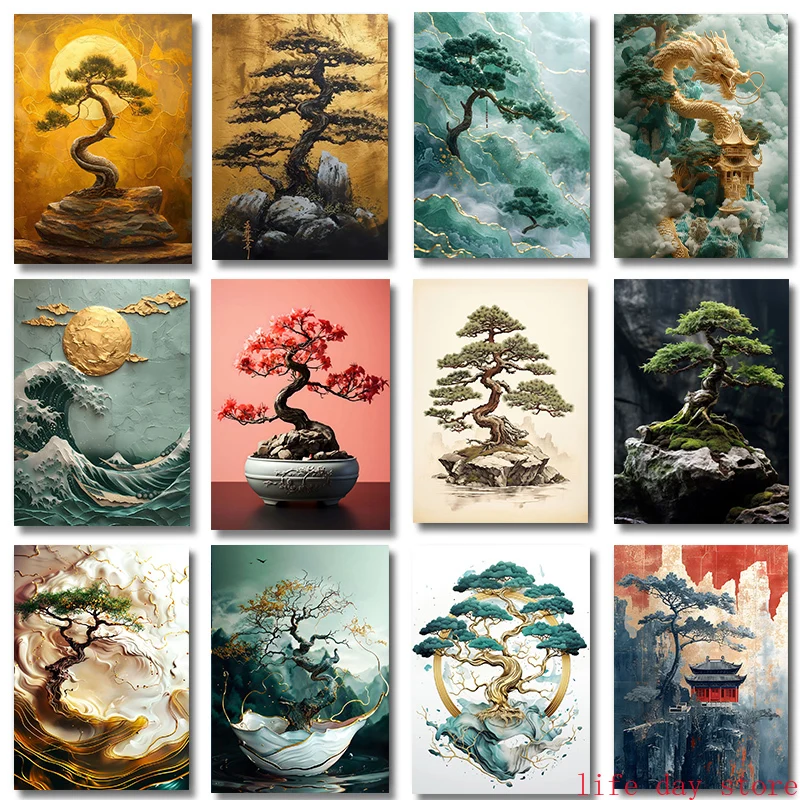 (1PC Unframe)Retro Zen Art Golden Bonsai Tree Poster Sea Wave Dragon Canvas Painting Wall Prints Picture for Room Home Decor Cua