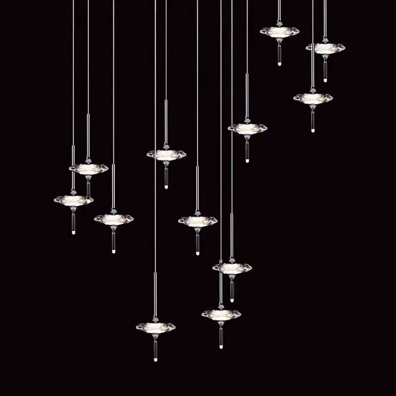 

SANDYHA Minimalist Luxury Crystal Chandeliers Duplex Staircase Long Pendant Lights for Bedroom Bedside Dining Room Hall LED Lamp