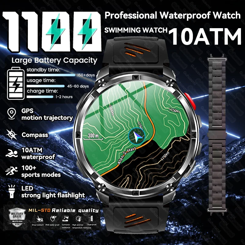 2025 nouveau 1100mAh Ultra Durable montre intelligente hommes en plein air militaire GPS boussole 10ATM étanche HD Bluetooth appel sport Smartwatch