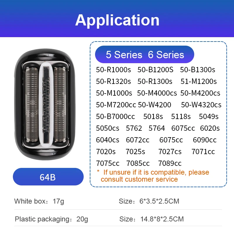 Replacement Electric Shaver Head Compatible with Braun 5 Series 6 Series 64B Mesh Blade 50-R1000s 50-B1200S 50-B1300s 50-R1320s