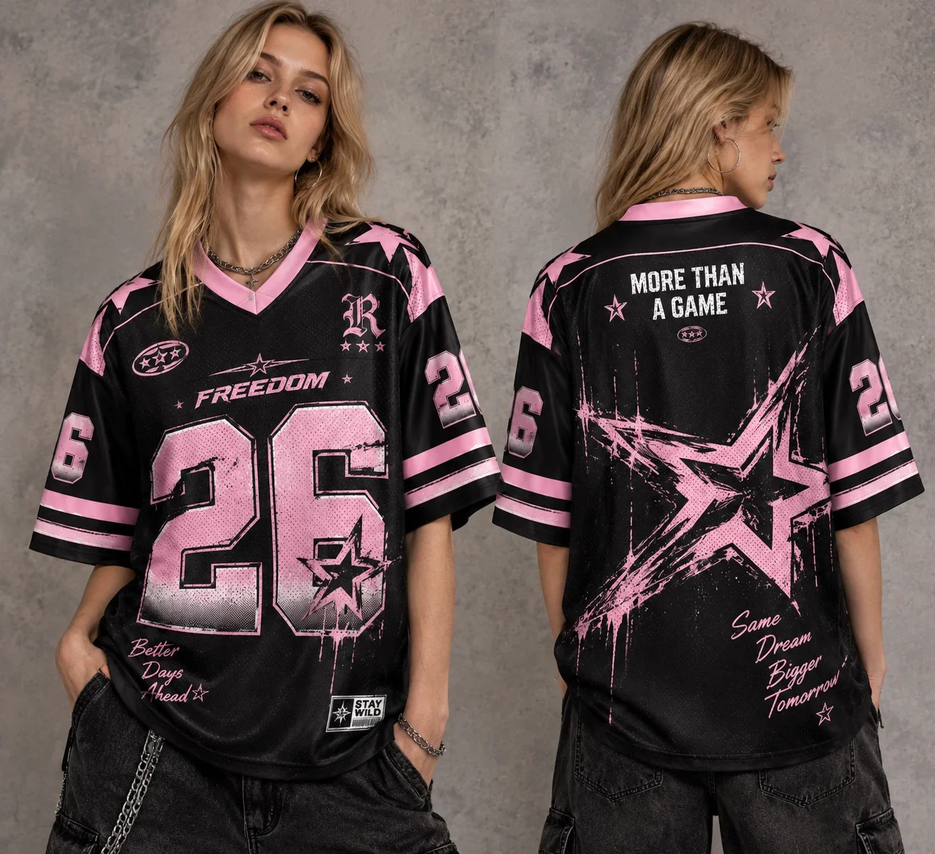 2026 Unisex Distressed Star Football Jersey, Pink Black Alt Subculture Y2K Gothic Loose Mesh Short‑Sleeve Streetwear Top