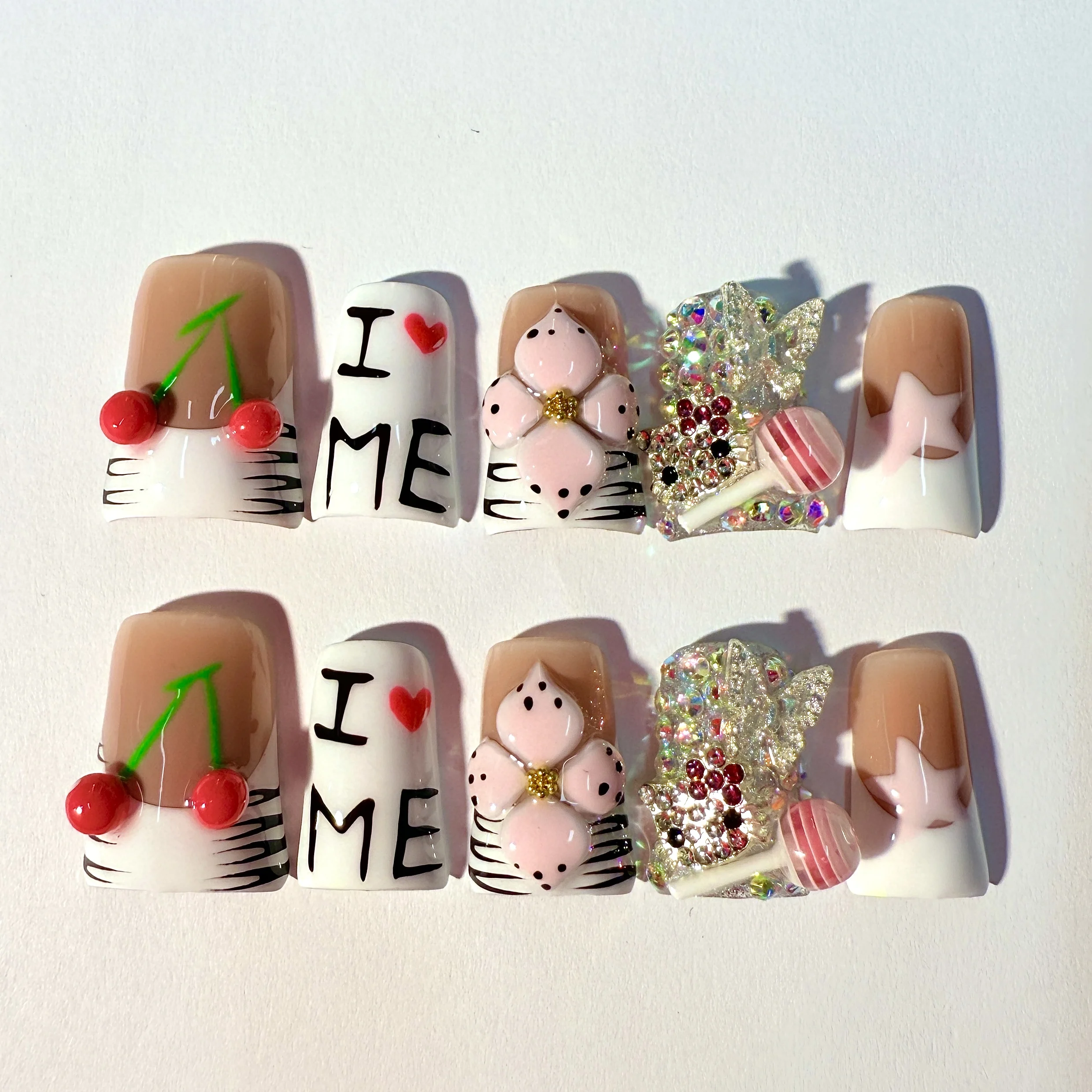 

Handmade Press On Nails, Sweet Girl Style "I ME" Cherry Short Duckbill Cute Viral Nails