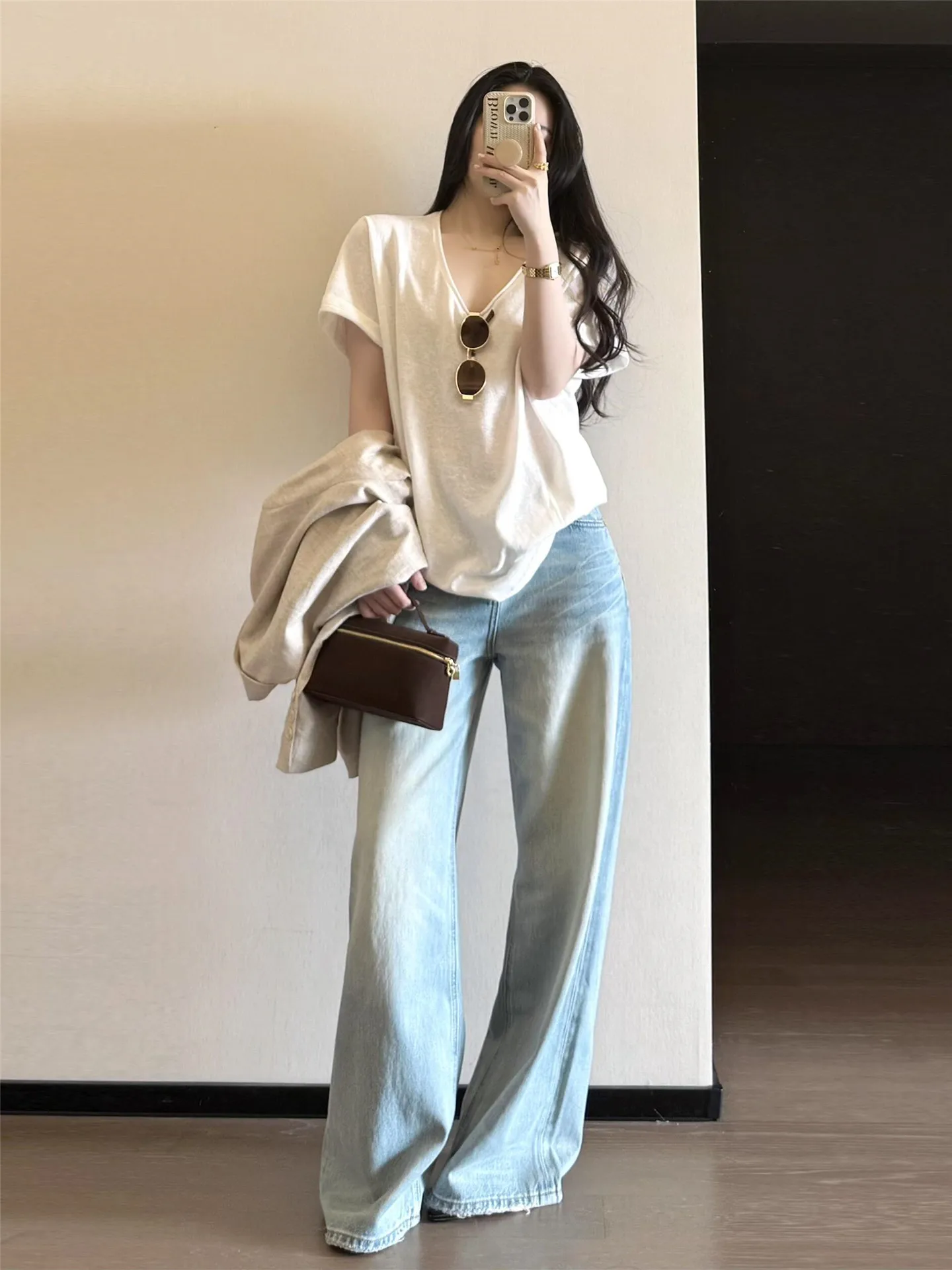 

Light Blue Design Straight Leg Jeans Women's Loose Slimming High Waist Extended Wide Leg Pants Spring Summer Casual Cotton