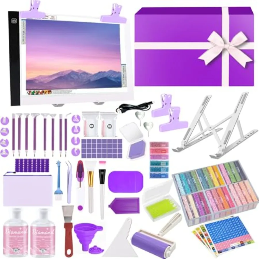 

Набор для алмазной живописи из 150 предметов: полный комплект инструментов и аксессуаров, включая светодиодный планшет A4, кронштейн и конвексные насадки