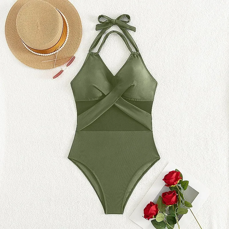Fashion Halter Swimming Suit for Women See Through Mesh V Neck Lace Up Backless One Piece Swimsuit 2025 New Beach Sexy Swimsuit