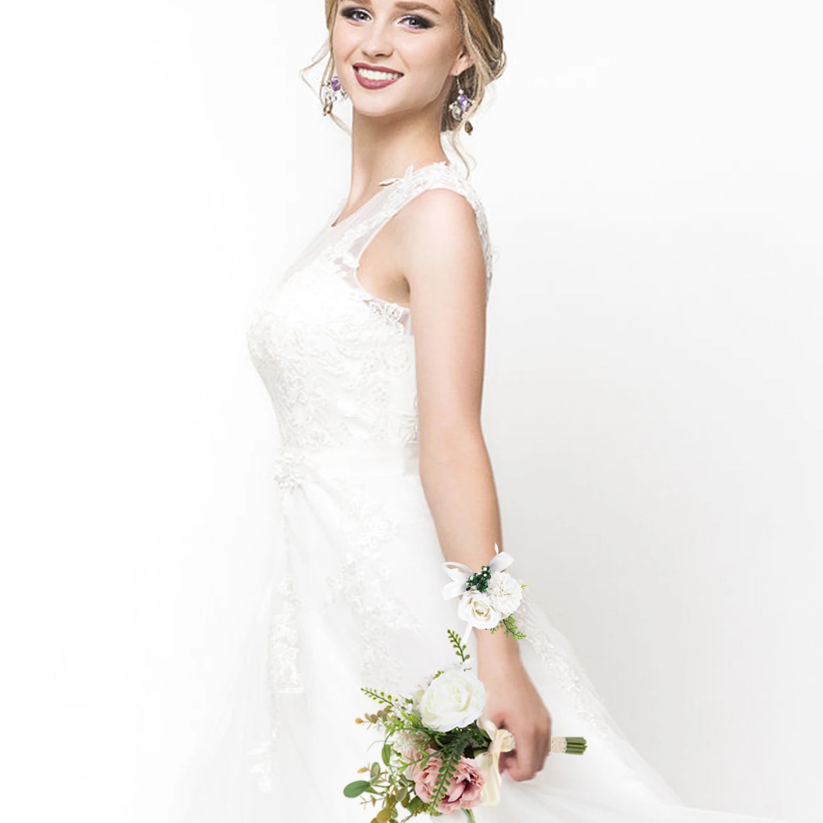 

2 Pcs Artificial Bouquet of Roses Bride Silk Flower Wedding Corsage Wrist Band
