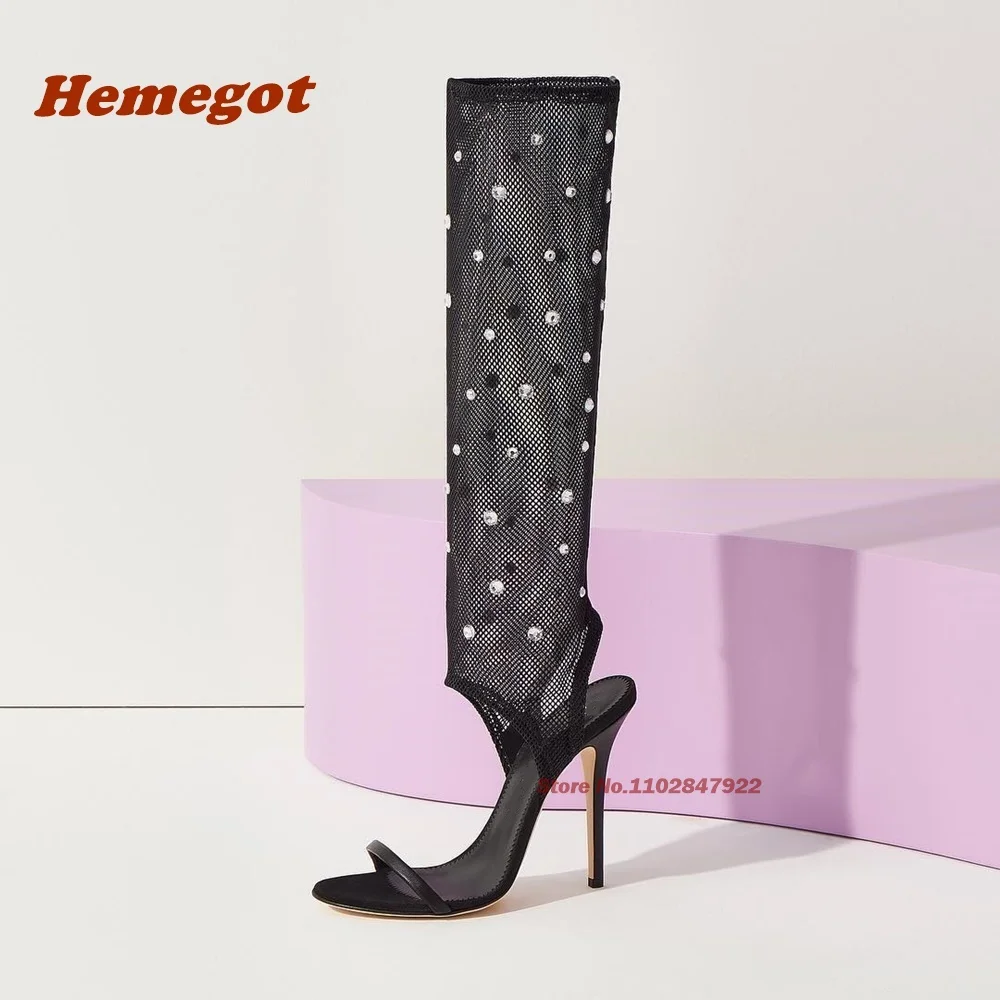 Air Mesh Rhinestone Sandals One Strap Open Toe Stiletto Heels Slip On Women's Sandals Elegant Party Shoes Plus Size 43 Summer