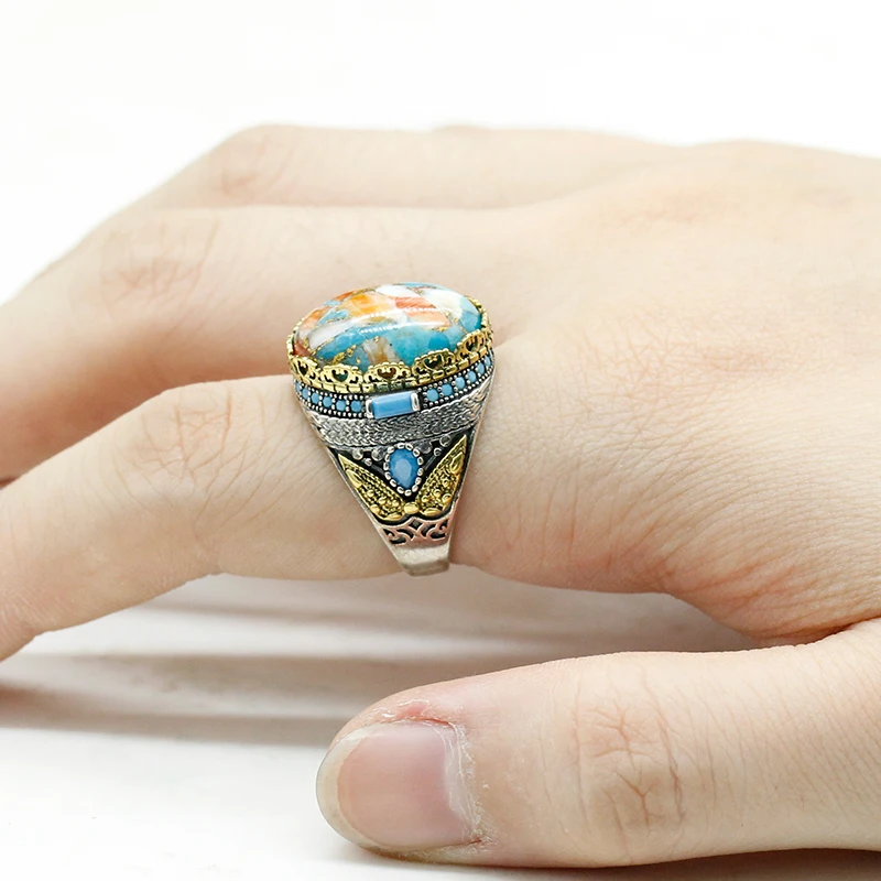 خاتم رجالي من الفضة الإسترليني عيار 925 خاتم عتيق من الفيروز الطبيعي من الفضة الإسترليني مجموعة مجوهرات Türkiye خاتم نسائي