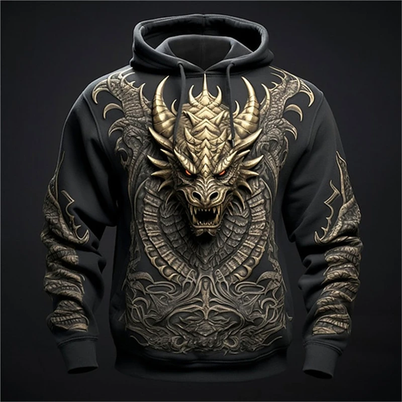 Bluza męska z nadrukiem chińskiego smoka Moda 3D Wzór smoka Topy Nowa bluza Hip Hop Harajuku Oversized Pullover