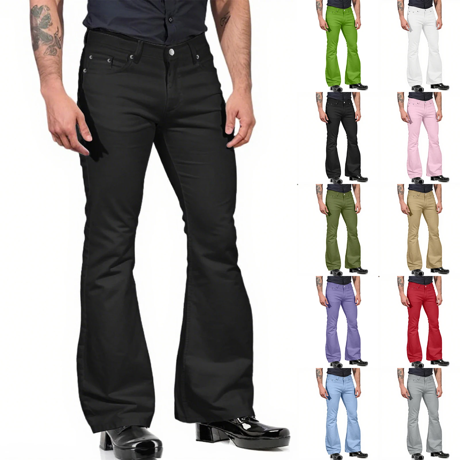 أزياء الرجال الرجعية مضيئة السراويل بلون منتصف الارتفاع السراويل عارضة الكلاسيكية 70s الرجال جرس أسفل تمتد صالح السراويل الكلاسيكية