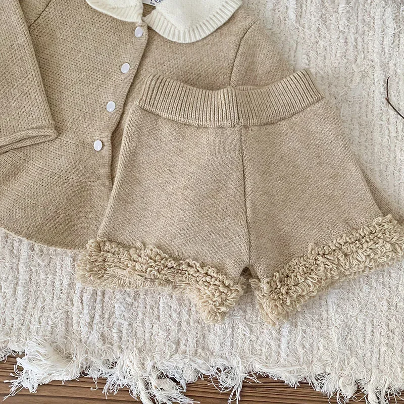 2024 جديد الخريف الشتاء الرضع طفل الفتيات الملابس مجموعة طويلة الأكمام سترة مشغولة من الصوف + السراويل طفل رضيع محبوك الملابس دعوى