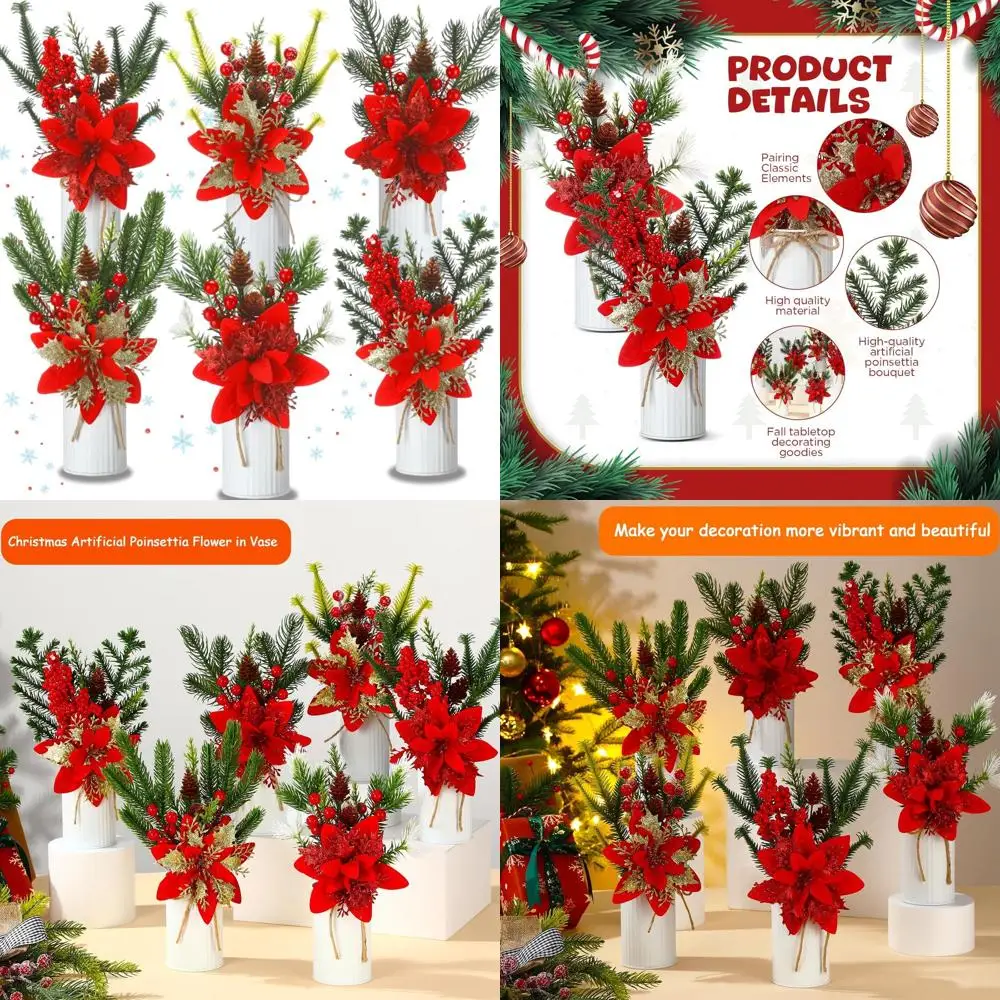 

6 Sets Christmas Table Centerpieces Artificial Poinsettias with Metal Vase Flower Picks Holly Red Berries Stem Pine Needles in P