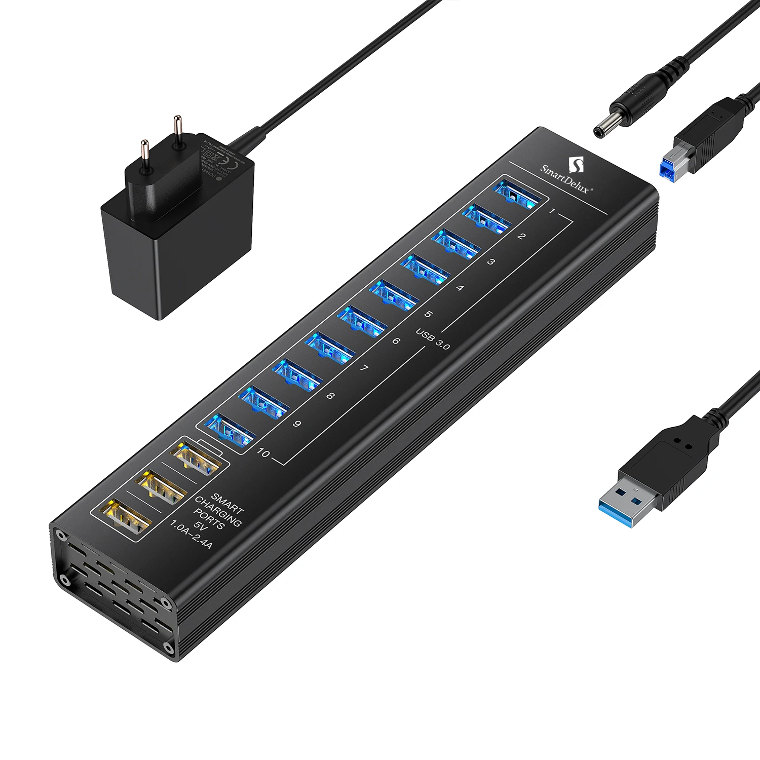 NONE 7/13 Ports USB Hub 3.0 5 Gbit/s Aluminium LED Licht USB A 3.0 Hub Splitter Verlängerung Dock 5V Netzteil für Laptop Desktop 7