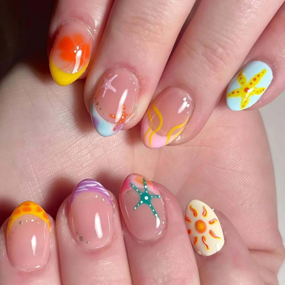 

Summer Beach Press on Nails with Starfish Shell Charm 3D Ocean Beach Fake Nails with Starfish False Nails Press on Short 30Pcs