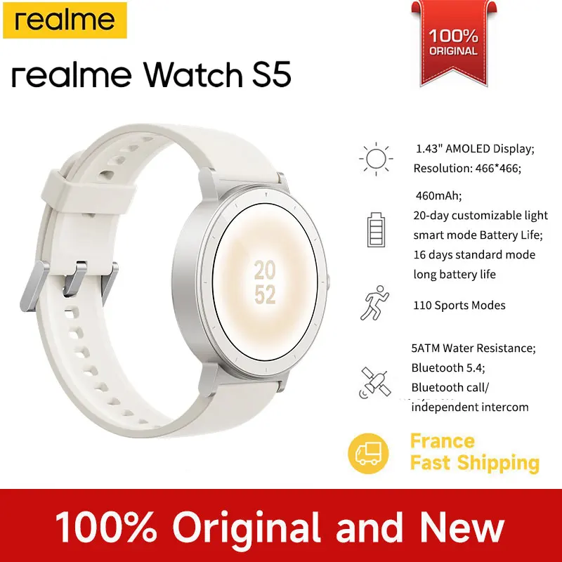 Reloj Inteligente realme Watch S5 con Pantalla AMOLED de 1.43», Resistencia al Agua 5ATM, 20 Días de Duración de la Batería y 110 Modos Deportivos