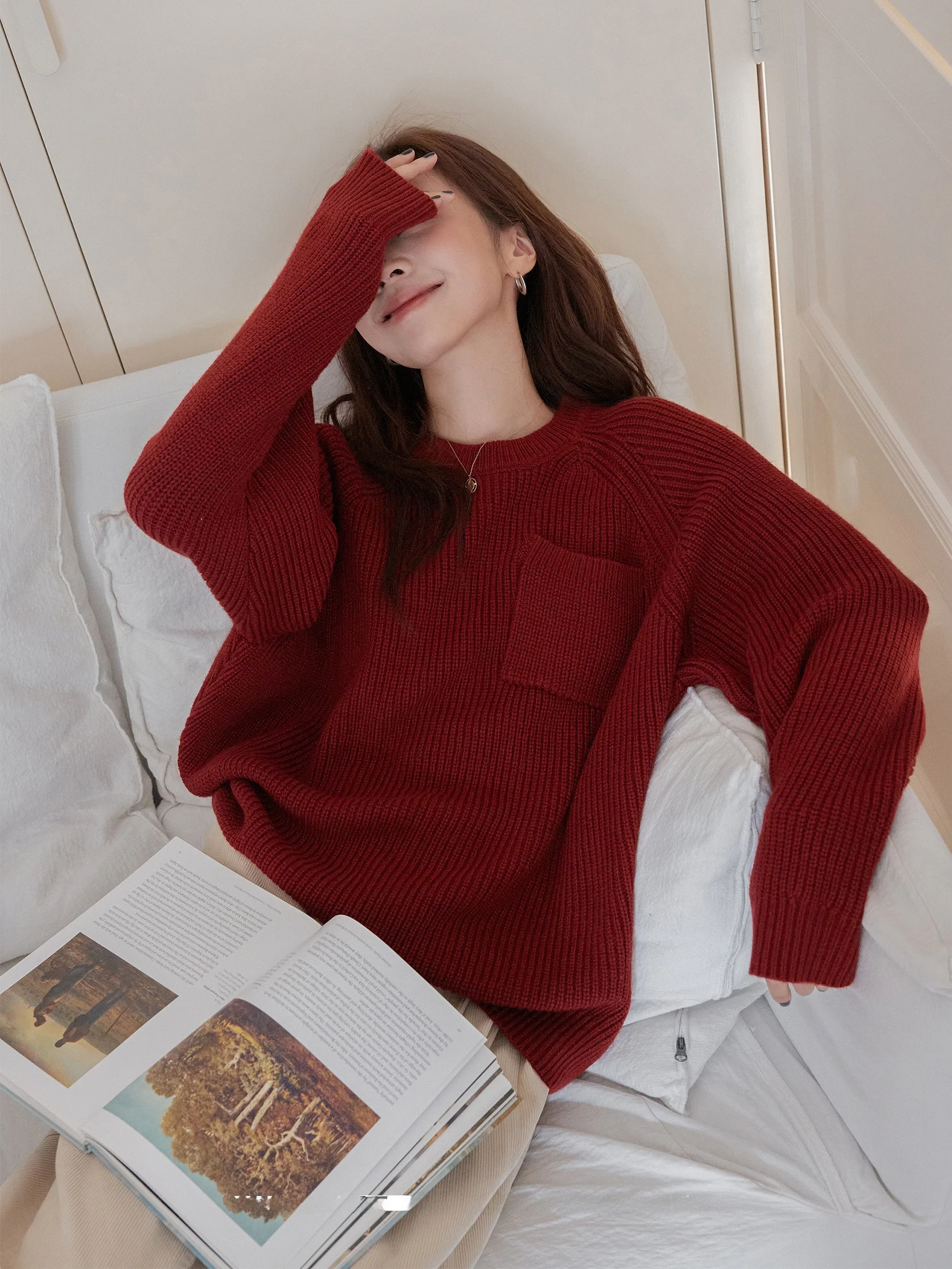 

VNOOK Women's Wool round Ne Sweater Loose oulder Fall Winter New Red Long Sve Basic Sle Commute Sle Pure Color