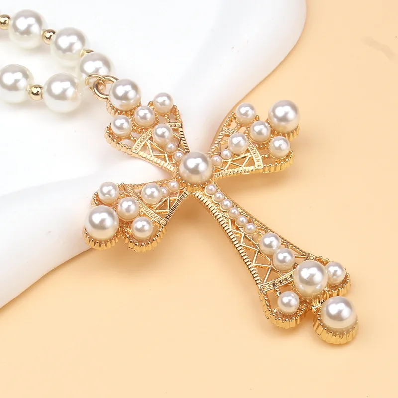 New Exquisite Fashionable Personalized Hip-Hop Cross Imitation Pearl Versatile Necklace Jewelry For Women Jewelry Gift Wholesale