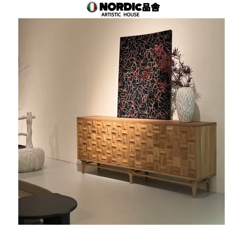 Nordic Antique Style Carved Wall Mounted Dining Side Cabinet Wabi Sabi Retro Home Storage Locker for Bedroom and Living Room
