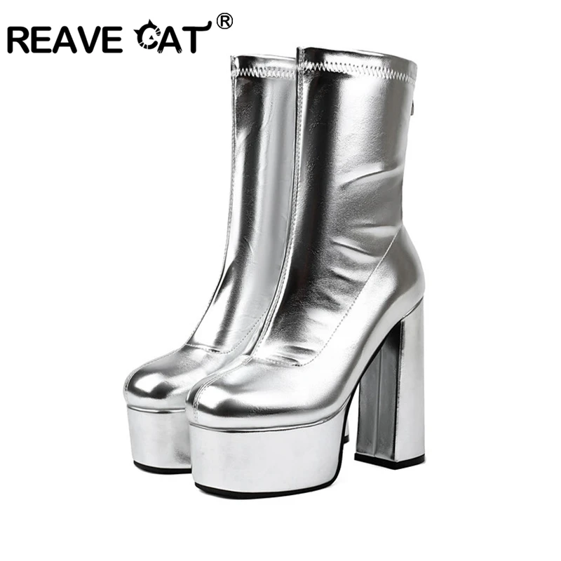 REAVE CAT 14cm Heel 5.5cm Platform Fashion Boots Midcalf Autumn Antislip Shoes Big Size 43 44 45 46 47 48 US17 Silver Gold Black