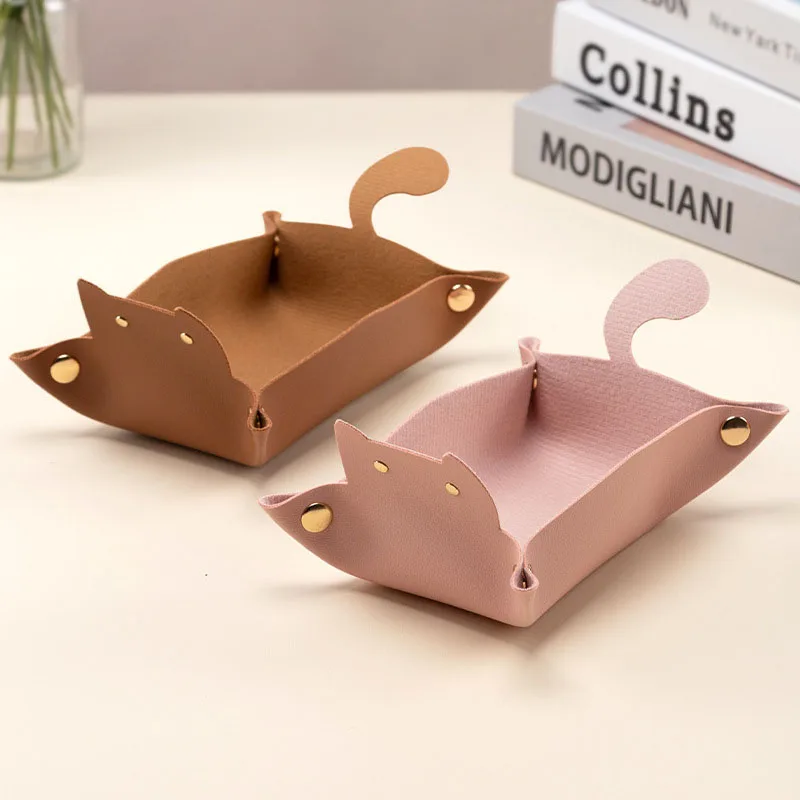 Cute Cat Shape Leather Storage Tray Dice Box Coin Desktop Jewelry Box Makeup Key Tray DIY Household Folding Tray Storage Case