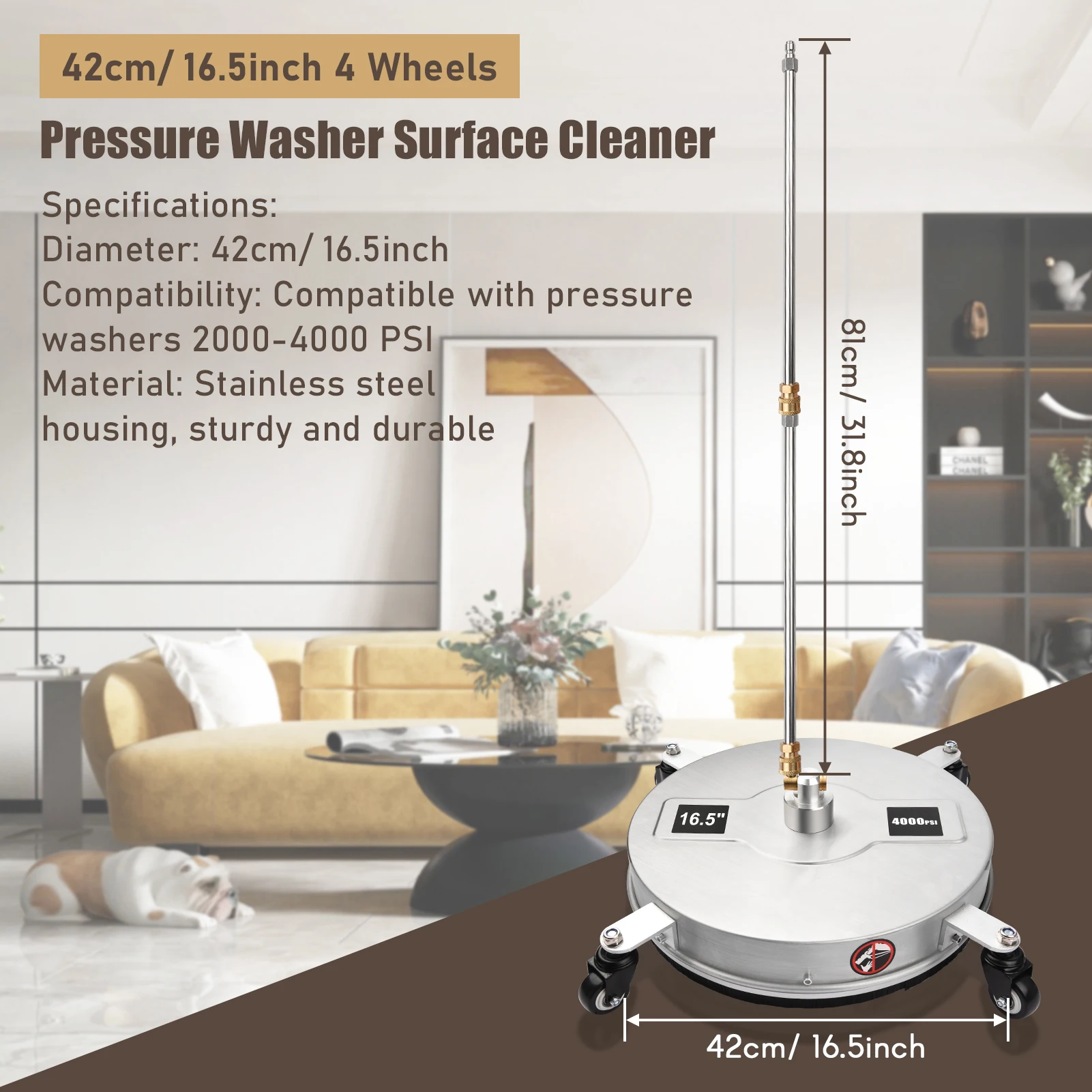 42cm/ 16.5inch Pressure Washer Surface Cleaner Stainless Steel Housing Power Washer Accessory with 1/4 Inch Quick Connector