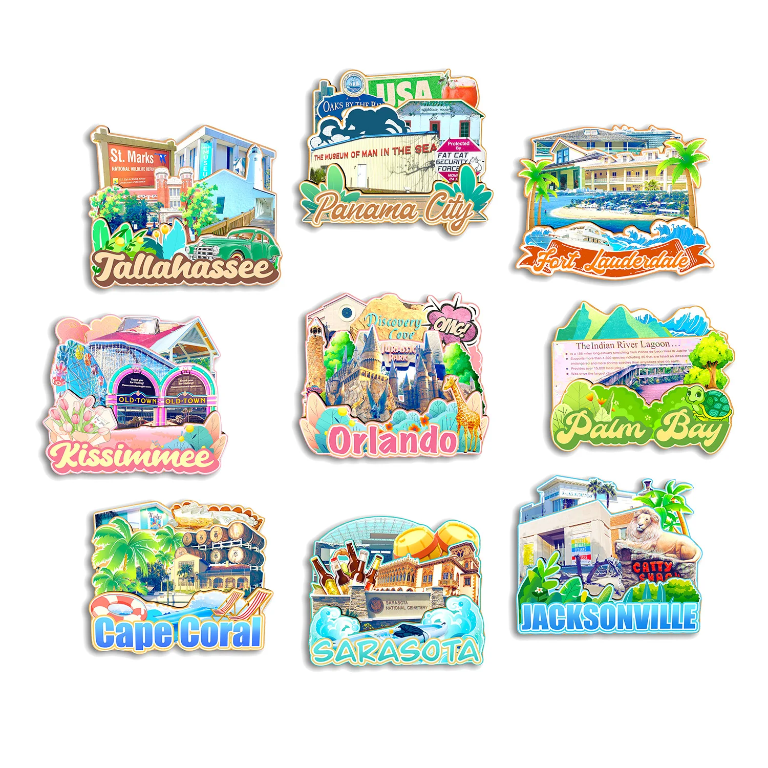 Orlando Jacksonville Sarasota Cape Coral Palm Bay Kissimmee Tallahassee Fort Lauderdale Florida USA Fridge Magnet Travel