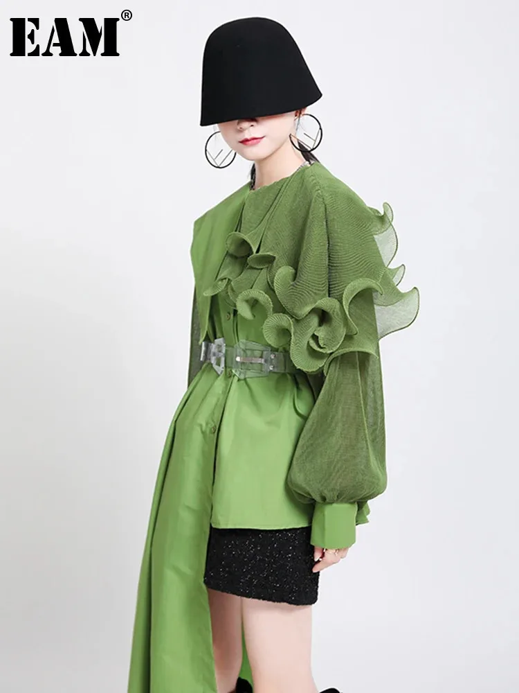 [EAM] Women Green Ruffles Irregular Big Size Blouse New Lapel Long Sleeve Loose Fit Shirt Fashion Tide Spring Autumn 2024 1DA218