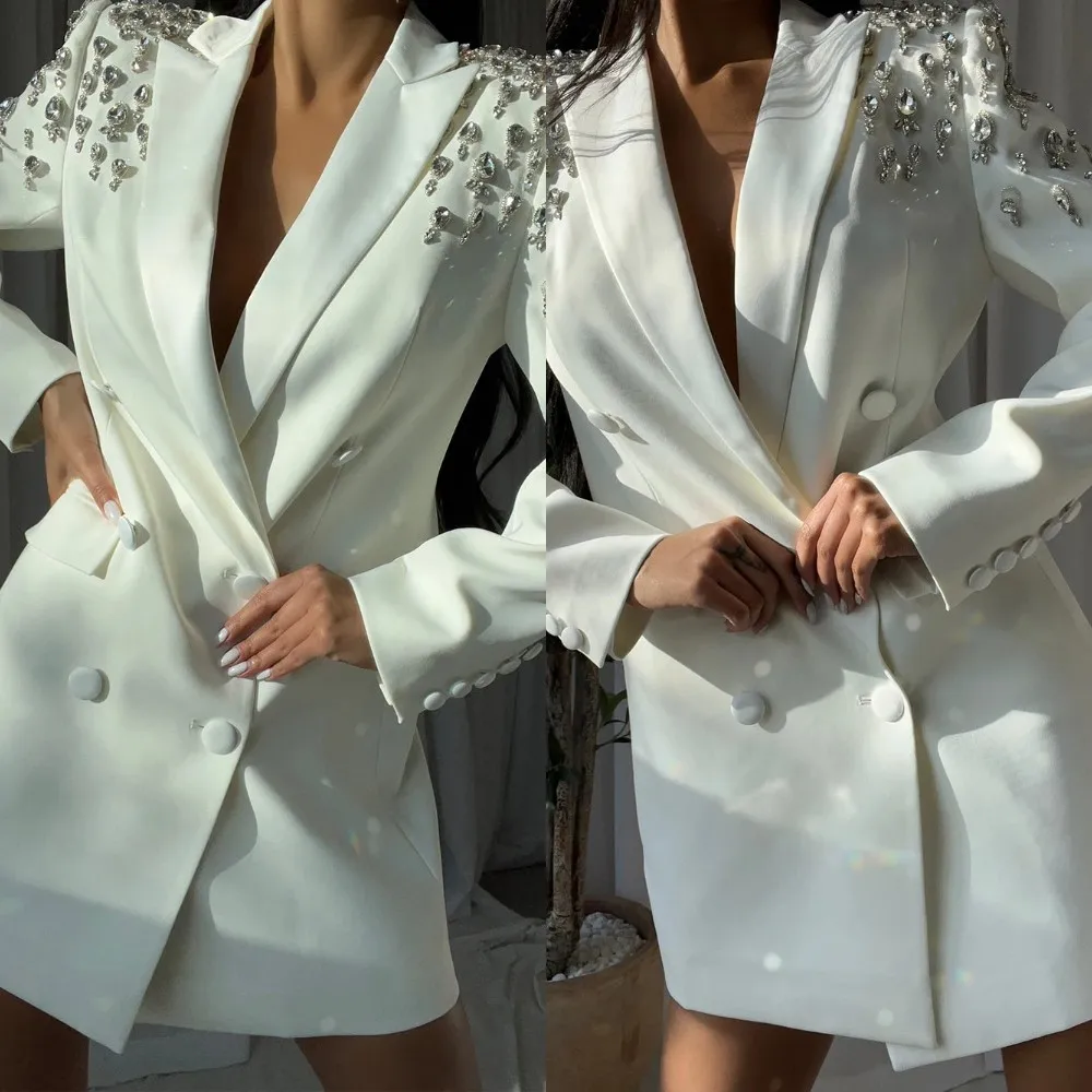 

Crystal Beads Women Blazer Jacket Formal Double Breasted Evening Birthday Party Prom Ladies Tuxedos For Wedding Banquet One Piec