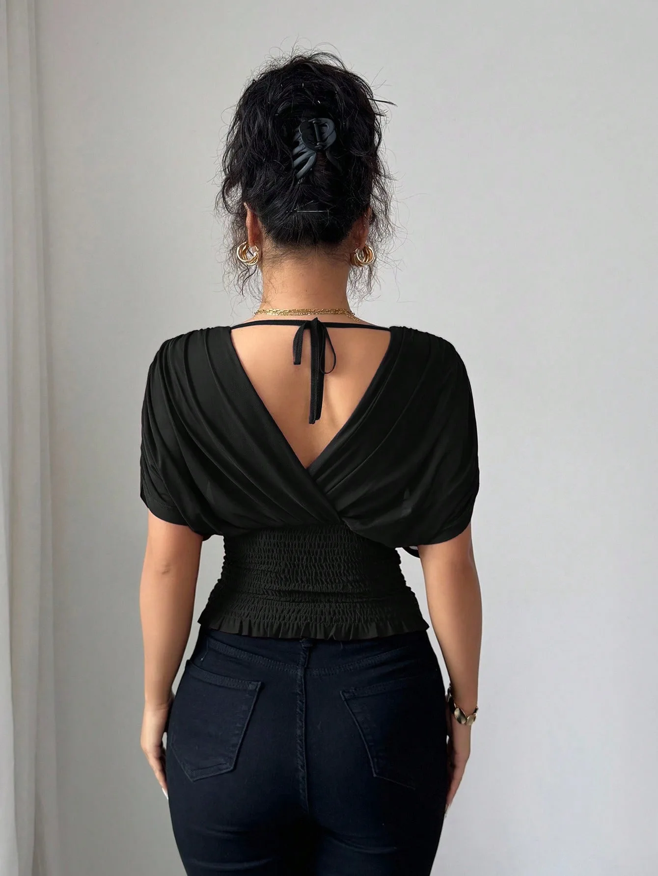 Deep V Puff Sleeve Versatile Crop Top Women 2026 Halter Tie Back Smocked Blouse Party Casual Daily Lady Short Sleeve Tops