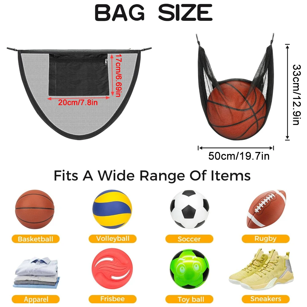 Bolsa de pelota de malla multifuncional con correa ajustable y bolsillo con cremallera, plegable, de gran capacidad, para deportes, gimnasio, playa, almacenamiento de viaje