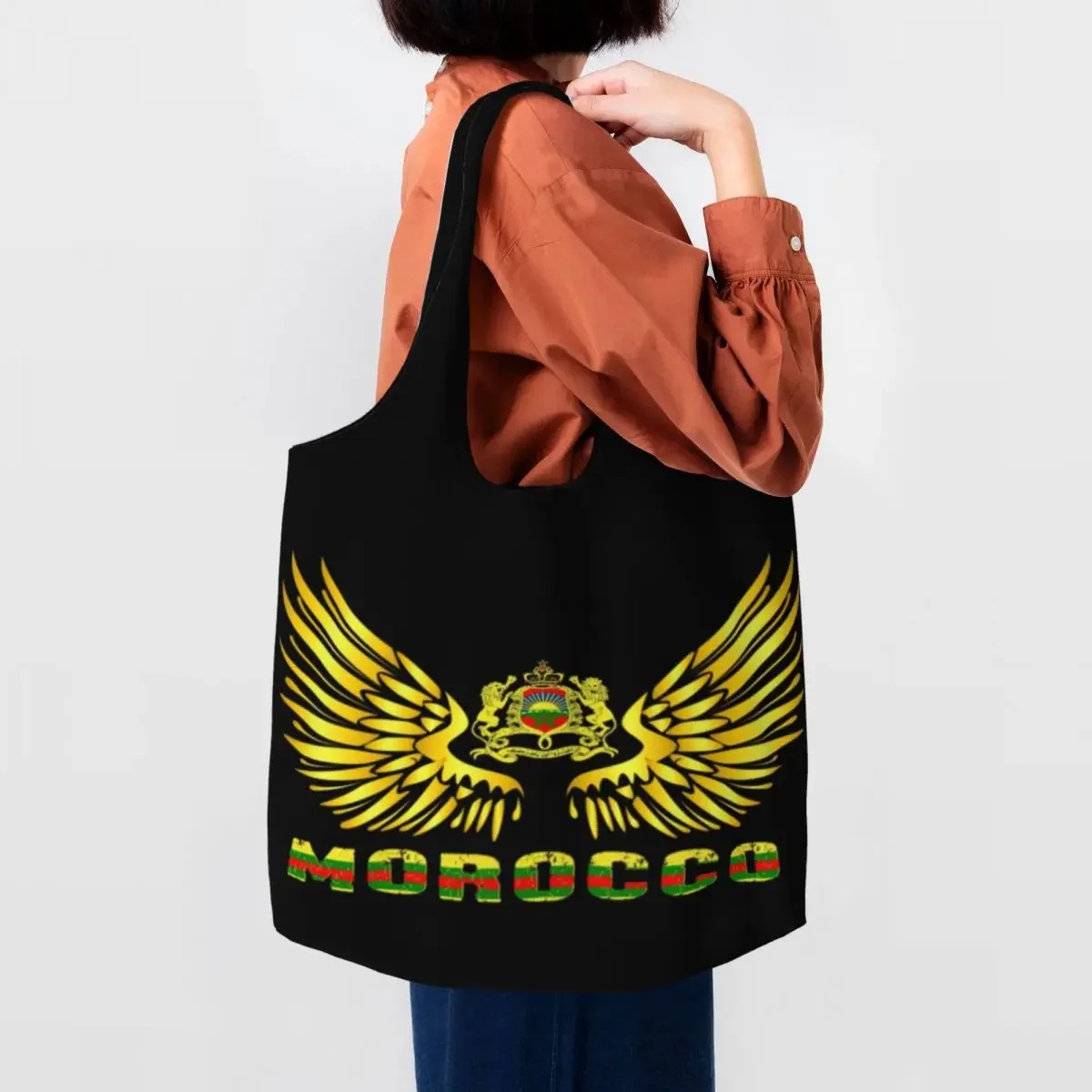 

Morocco Flag Gold Wing Canvas Shopping Bags Women Reusable Big Capacity Grocery Maroccan Patriotic Shopper Tote Bags Handbags