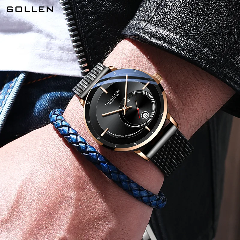 SOLLEN Stylish Sapphire Mirror Automatic Mechanical Watch Black Mesh Strap Men Watch Simple Calendar Display Reloj Hombre SL309