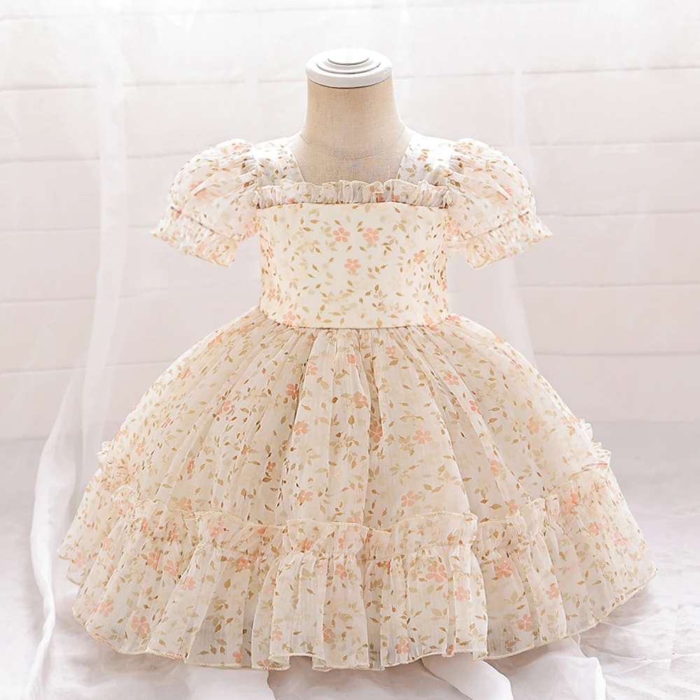 

Vintage Flower Girls Dresses For Wedding Party Gown Baby 1st Birthday Princess Dress Short Sleeve Toddler Girl Summer Clothes