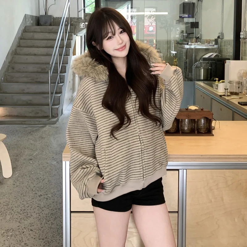 Women Autumn Winter Striped Hooded Faux Fur Collar Zipper Jackets Loose Warm Thickened Pockets American Short Female Outerwear