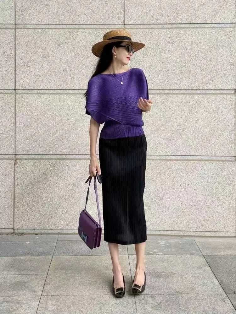 

Miyake однотонная футболка 2023, ранняя весна, новый тонкий плиссированный топ с нестандартным треугольным дизайном, женская рубашка с короткими рукавами