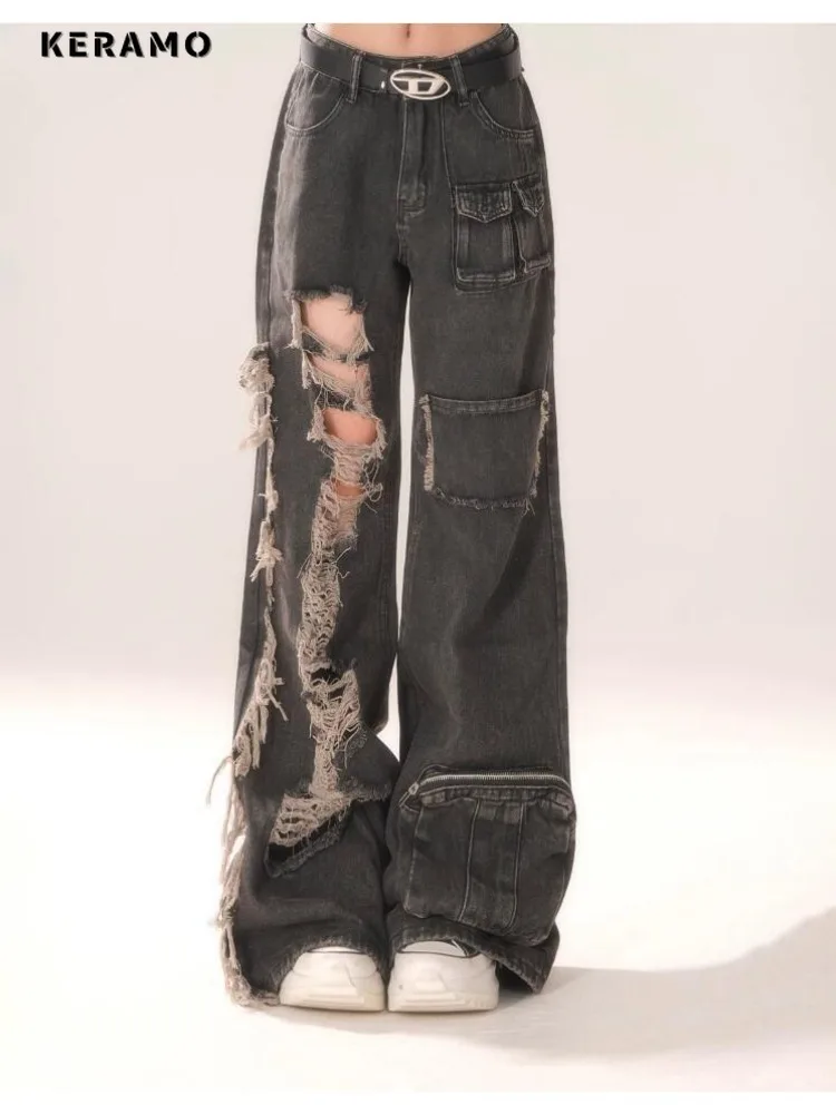 2024 Summer American Vintage Y2K Loose Jeans Hollow Out Solid Pants Women's Wide Leg Trashy Style Baggy Ripped Denim Trouser