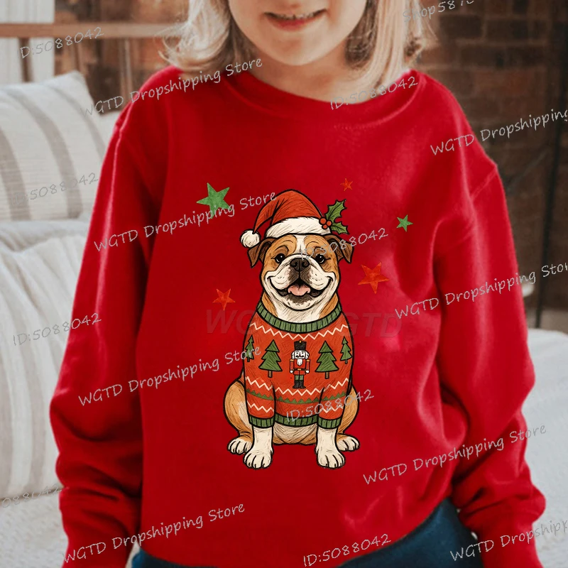 

Bulldog Cartoon Christmas Sweatshirts for Boy Girl Fashion Long Sleeve Y2K Sudaderas Fun Animal Dog Merry Christmas Sweatshirt