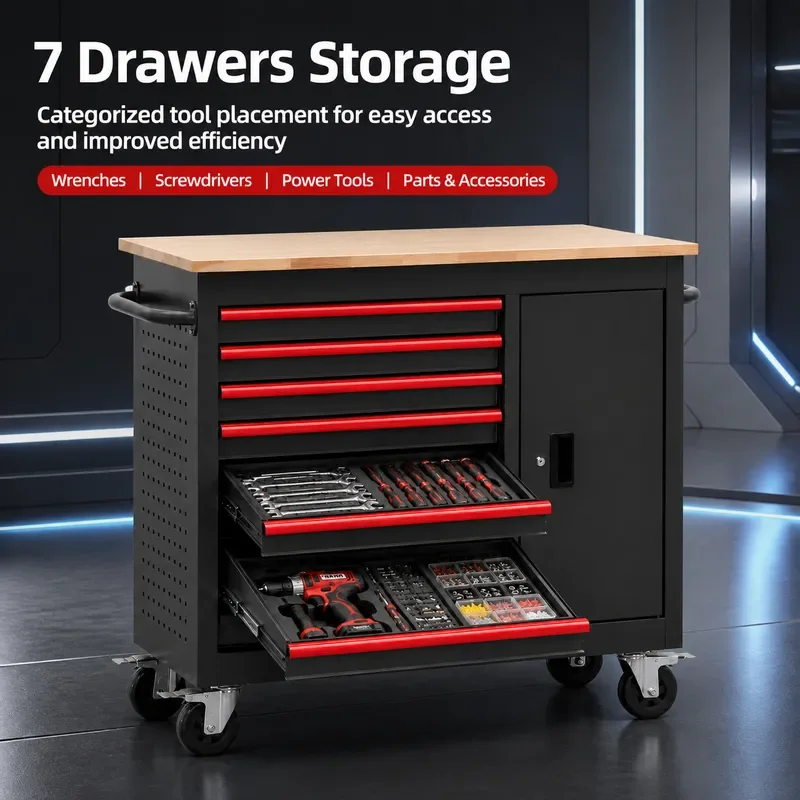 Heavy Duty Movable Tool Cart Auto Repair Workshop Hardware Cabinet Thickened 7 Drawer Side Hanging Maintenance Trolley
