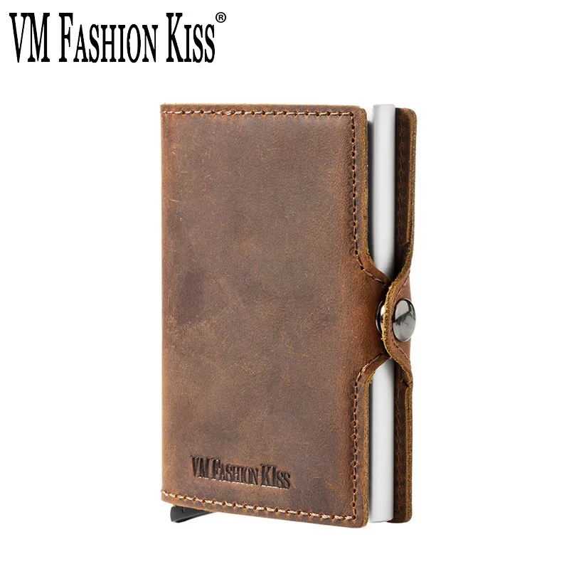 

VM FASHION KISS 100% Leather Minimalism Card Wallets Slim RFID Smart Men's Wallet For Credit Cards Famous Metal Money Purse