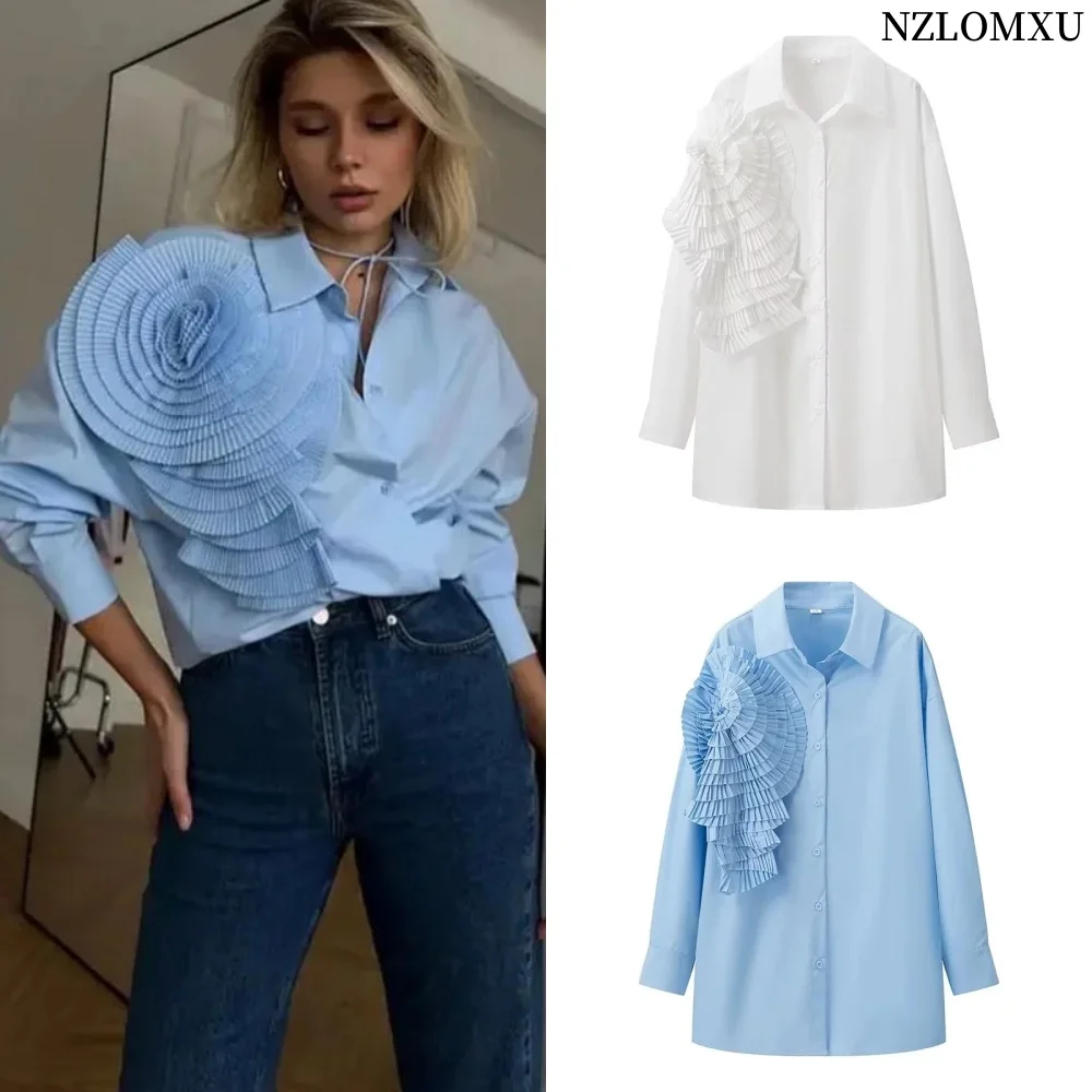 Women Flower Shirt Spring Long Sleeve White Blouse Woman Office Casual Button Up Shirts Blouses Ruched Collared Blue Shirt