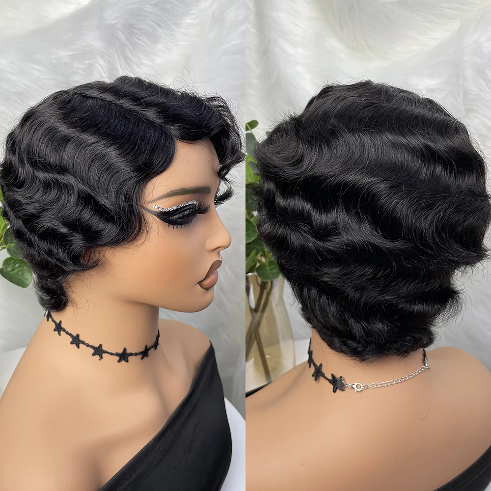 Short Wigs Human Hair Wigs For Women Pixie Cut Human Hair Finger Wave Wig Natural Color Sans Colle Human Hair Wig Machine Made